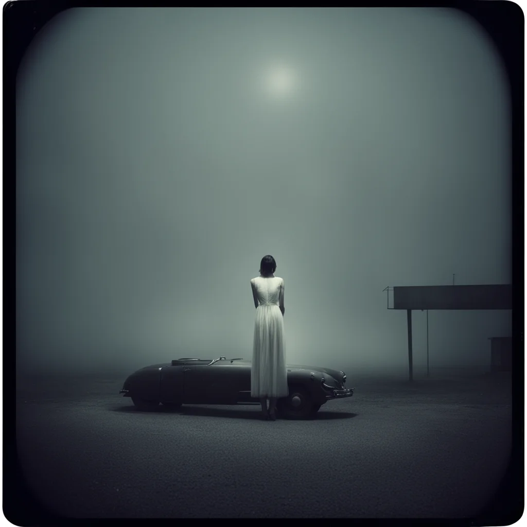 lonely girl in thin white dress at a foggy dark gaz station  old car  old building the night   scary   polaroid style  film noir good looking trending fantastic 1