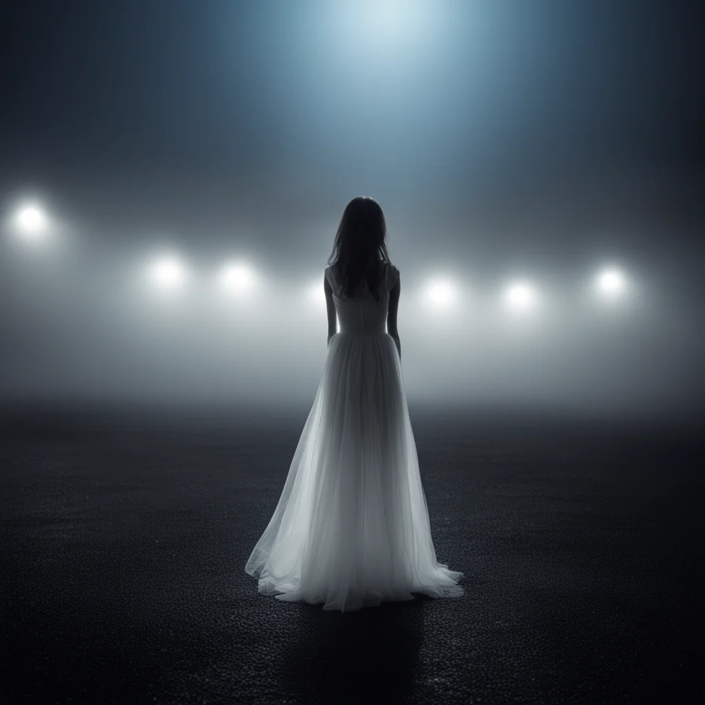 lonely girl in thin white dress at a foggy dark parking  middle of the night   scary shadows good looking trending fantastic 1