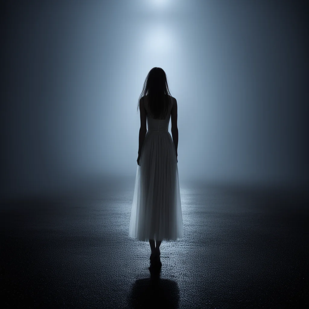 ailonely girl in thin white dress at a foggy dark parking  middle of the night   scary shadows