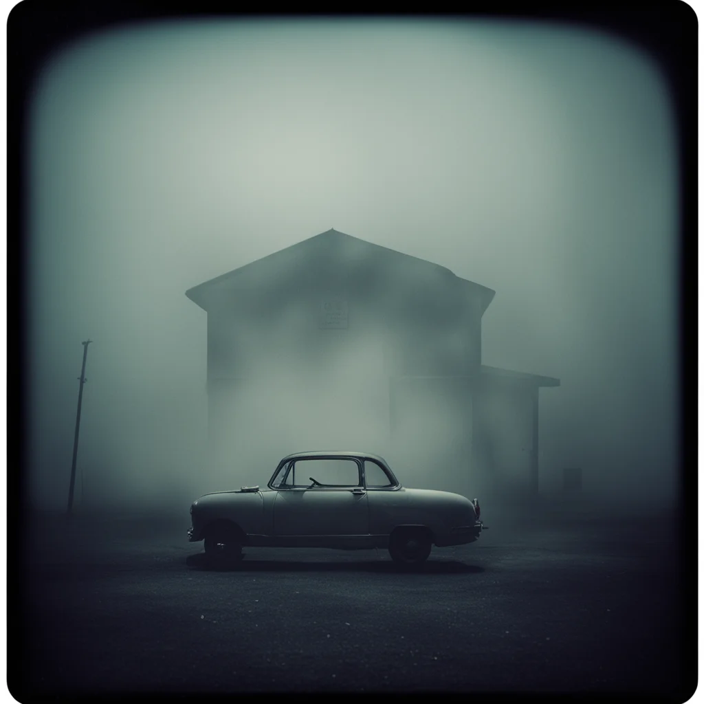 lonely girl in thin white tanktop at a foggy dark gaz station  old car  old building the night   scary   polaroid style  film noir confident engaging wow artstation art