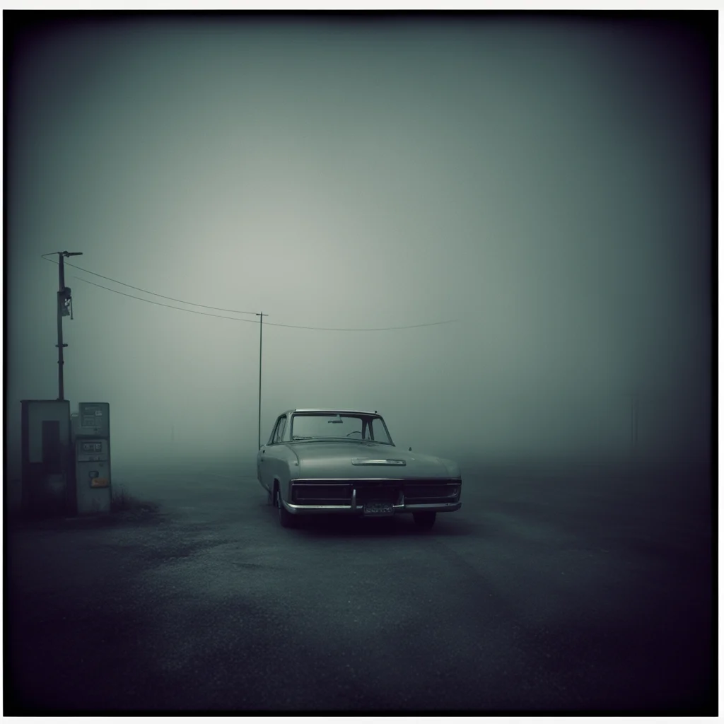lonely girl in thin white tanktop at a foggy dark gaz station  old car  old building the night   scary   polaroid style  film noir good looking trending fantastic 1