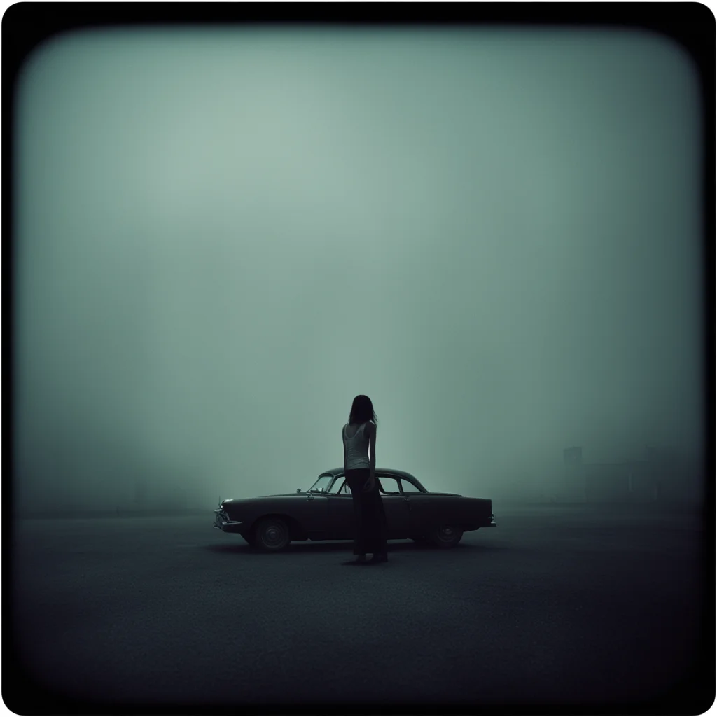 lonely girl in thin white tanktop at a foggy dark gaz station  old car  old building the night   scary   polaroid style  film noir