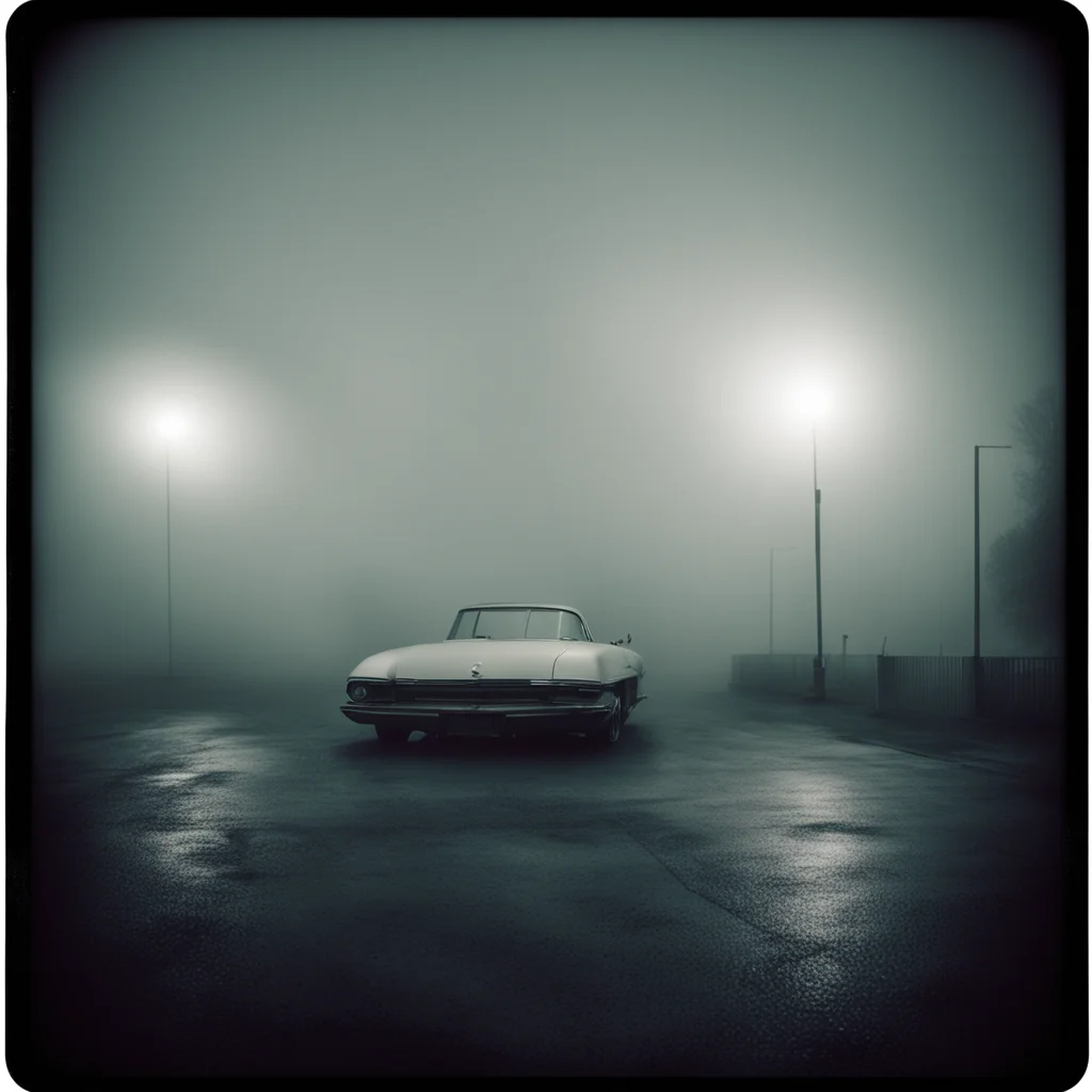 lonely girsl in thin white singletsat a foggy dark gaz station  old car  old building the night   scary ghosts  polaroid style  film noir confident engaging wow artstation art 3