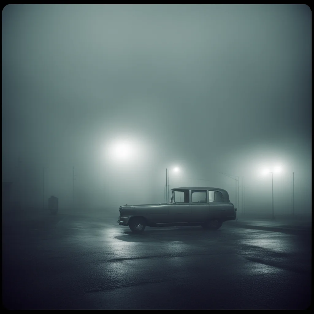 lonely girsl in thin white singletsat a foggy dark gaz station  old car  old building the night   scary ghosts  polaroid style  film noir
