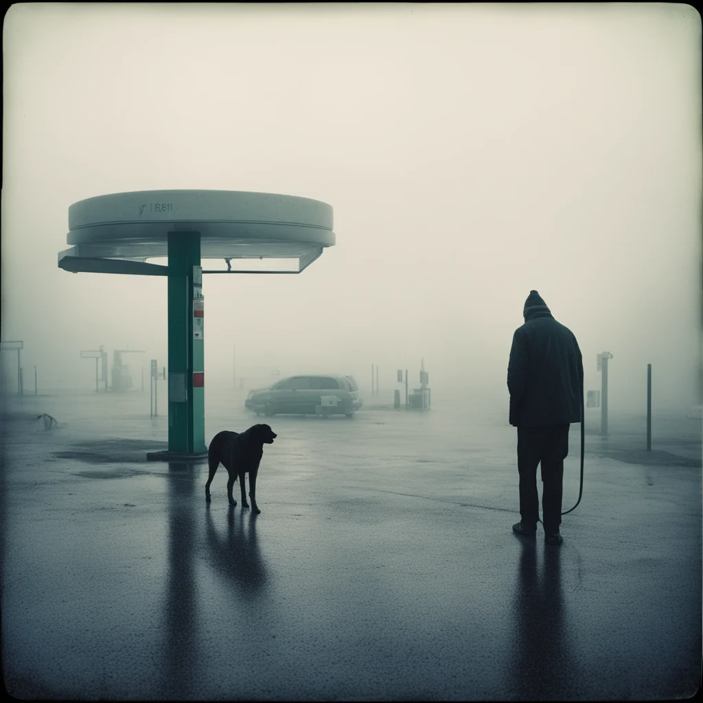ailonely old man with his dog at a foggy desolate gas station  evening   france   sad   polaroid style amazing awesome portrait 2