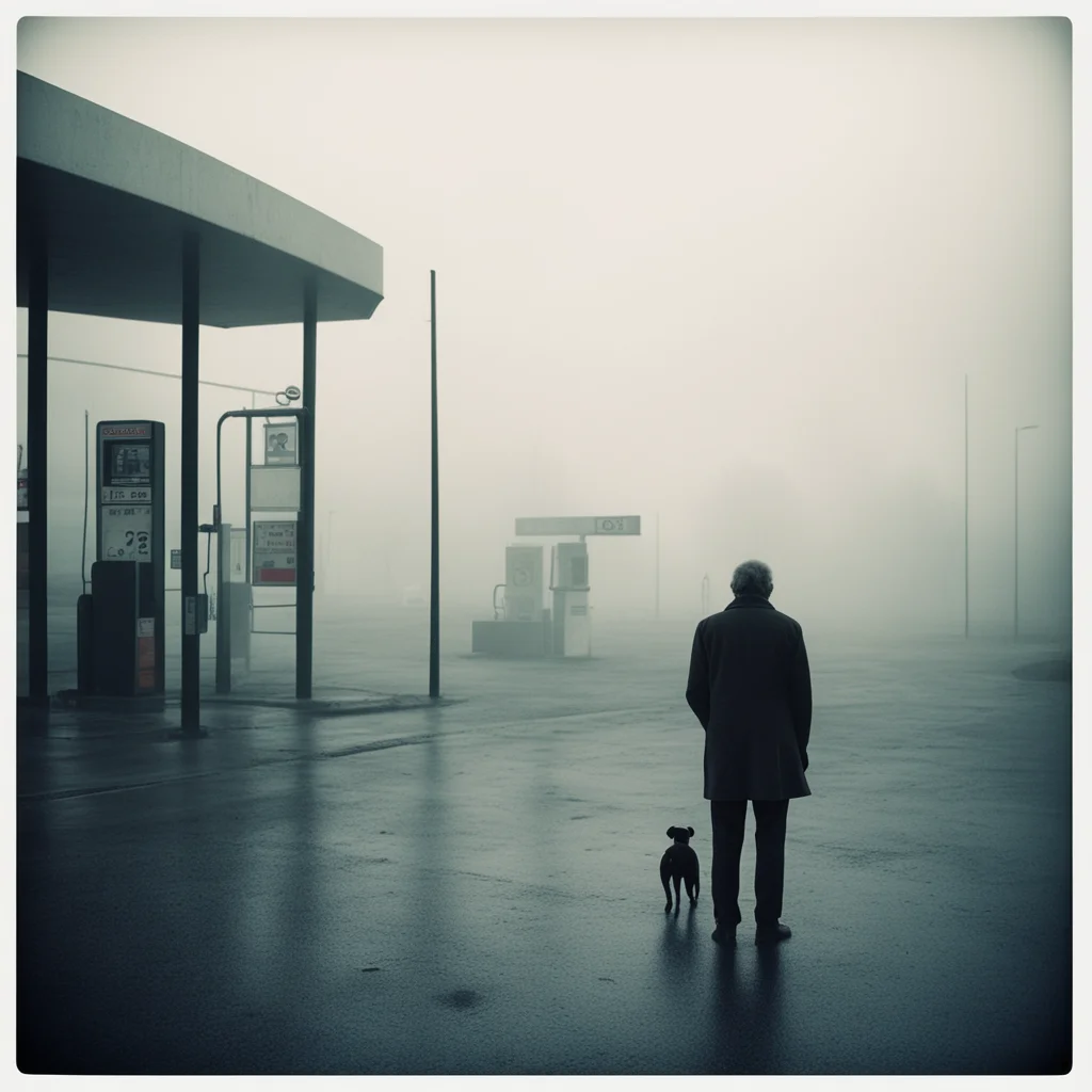 lonely old man with his dog at a foggy desolate gas station  evening   france   sad   polaroid style confident engaging wow artstation art 3