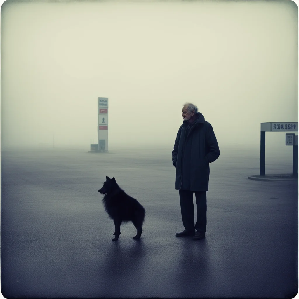 ailonely old man with his dog at a foggy desolate gas station  evening   france   sad   polaroid style good looking trending fantastic 1