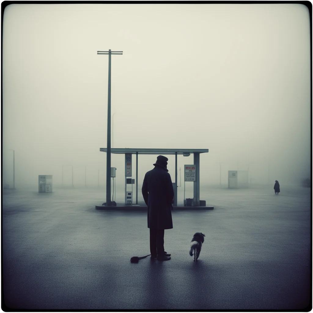 lonely old man with his dog at a foggy desolate gas station  evening   france   sad   polaroid style