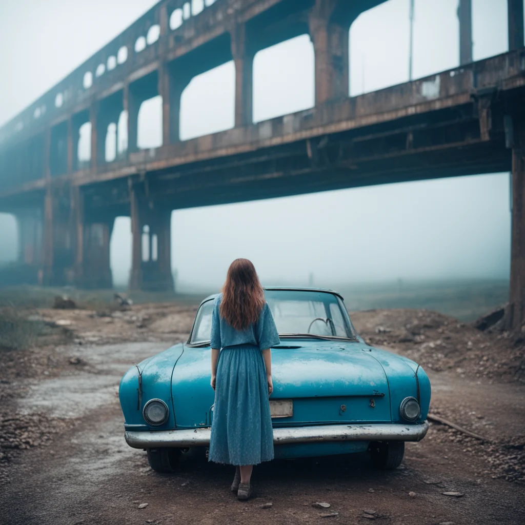 ailonely sad messy girl standing next to a blue old vintage car under a rusty bridge. foggy%2C uncanny%2C scary   medium format film style amazing awesome portrait 2
