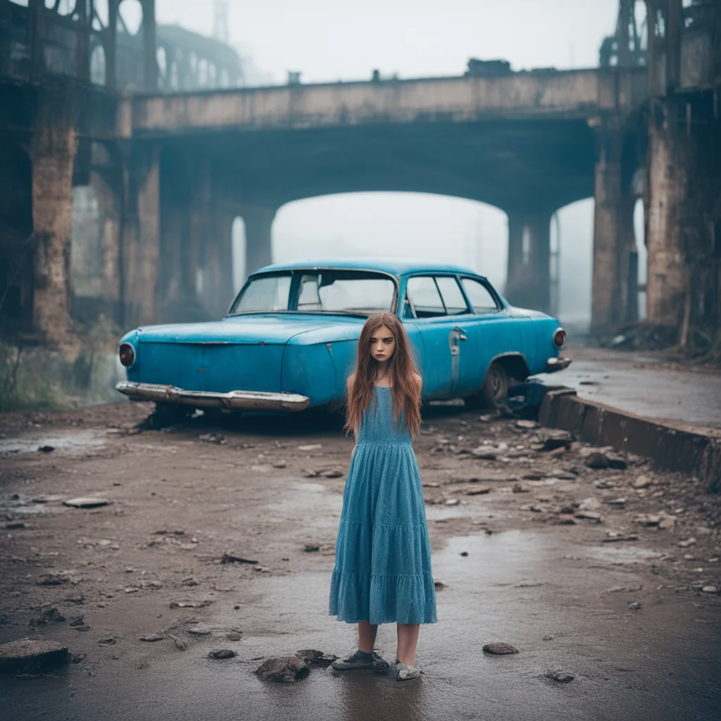 ailonely sad messy girl standing next to a blue old vintage car under a rusty bridge. foggy%2C uncanny%2C scary   medium format film style good looking trending fantastic 1