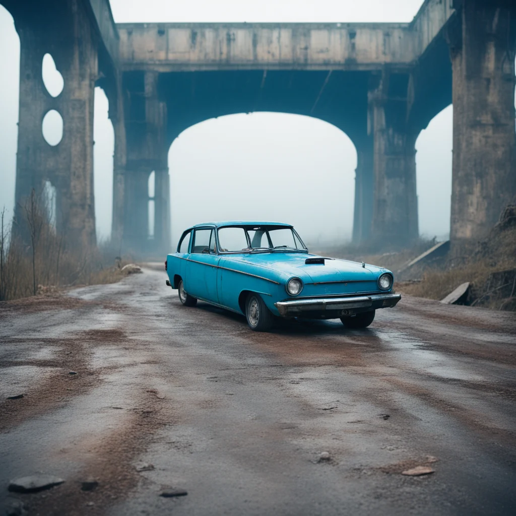 ailonely sad messy girl standing next to a blue old vintage car under a rusty bridge. foggy%2C uncanny%2C scary   medium format film style