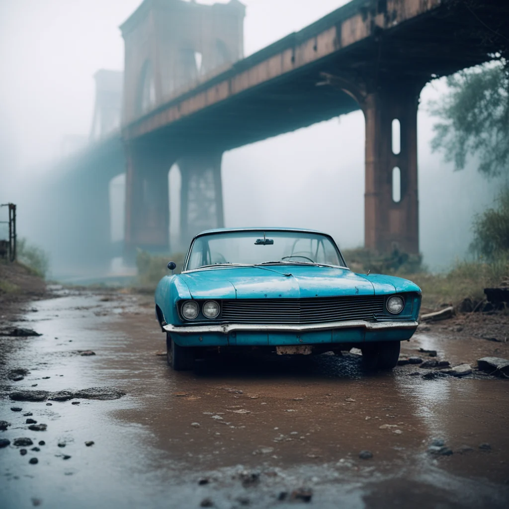 ailonely sad messy girl with her blue old vintage car under a rusty bridge. foggy%2C uncanny%2C scary   medium format film style amazing awesome portrait 2