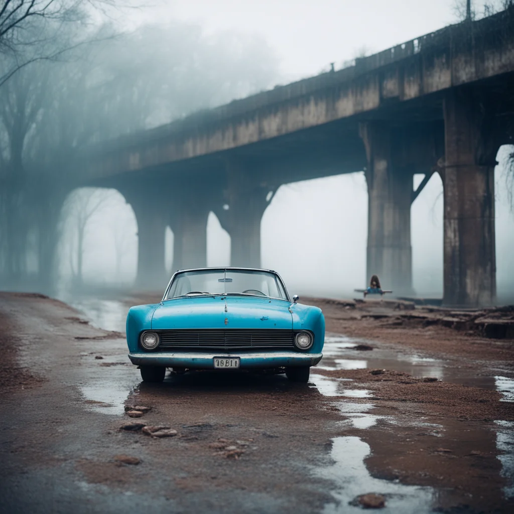 ailonely sad messy girl with her blue old vintage car under a rusty bridge. foggy%2C uncanny%2C scary   medium format film style confident engaging wow artstation art 3