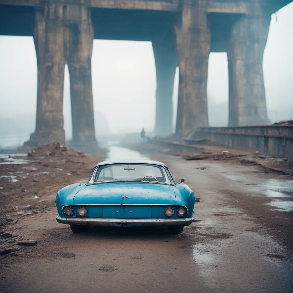 ailonely sad messy girl with her blue old vintage car under a rusty bridge. foggy%2C uncanny%2C scary   medium format film style good looking trending fantastic 1