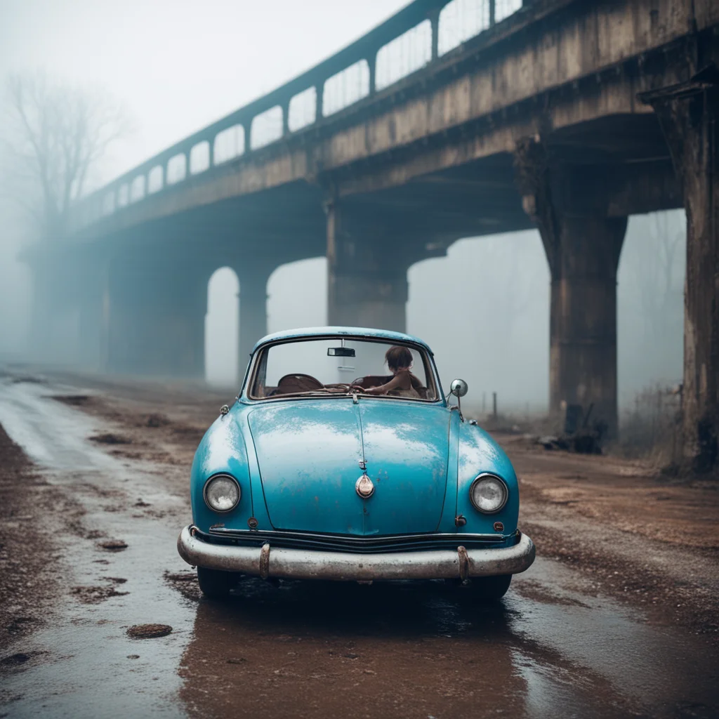 ailonely sad messy girl with her blue old vintage car under a rusty bridge. foggy%2C uncanny%2C scary   medium format film style