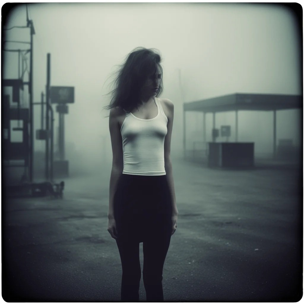 lonely woman in thin white singlet at a foggy dark gas station   dead cat  polaroid style  film noir good looking trending fantastic 1