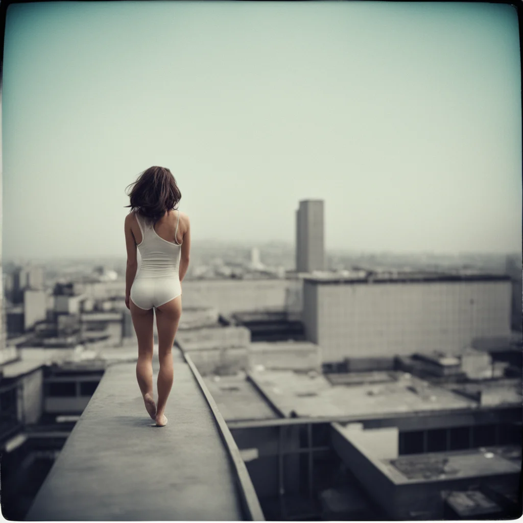lonely woman in thin white singlet at the roof of a high building  seen from behind ready to jump  dead cat  polaroid style  film noir amazing awesome portrait 2