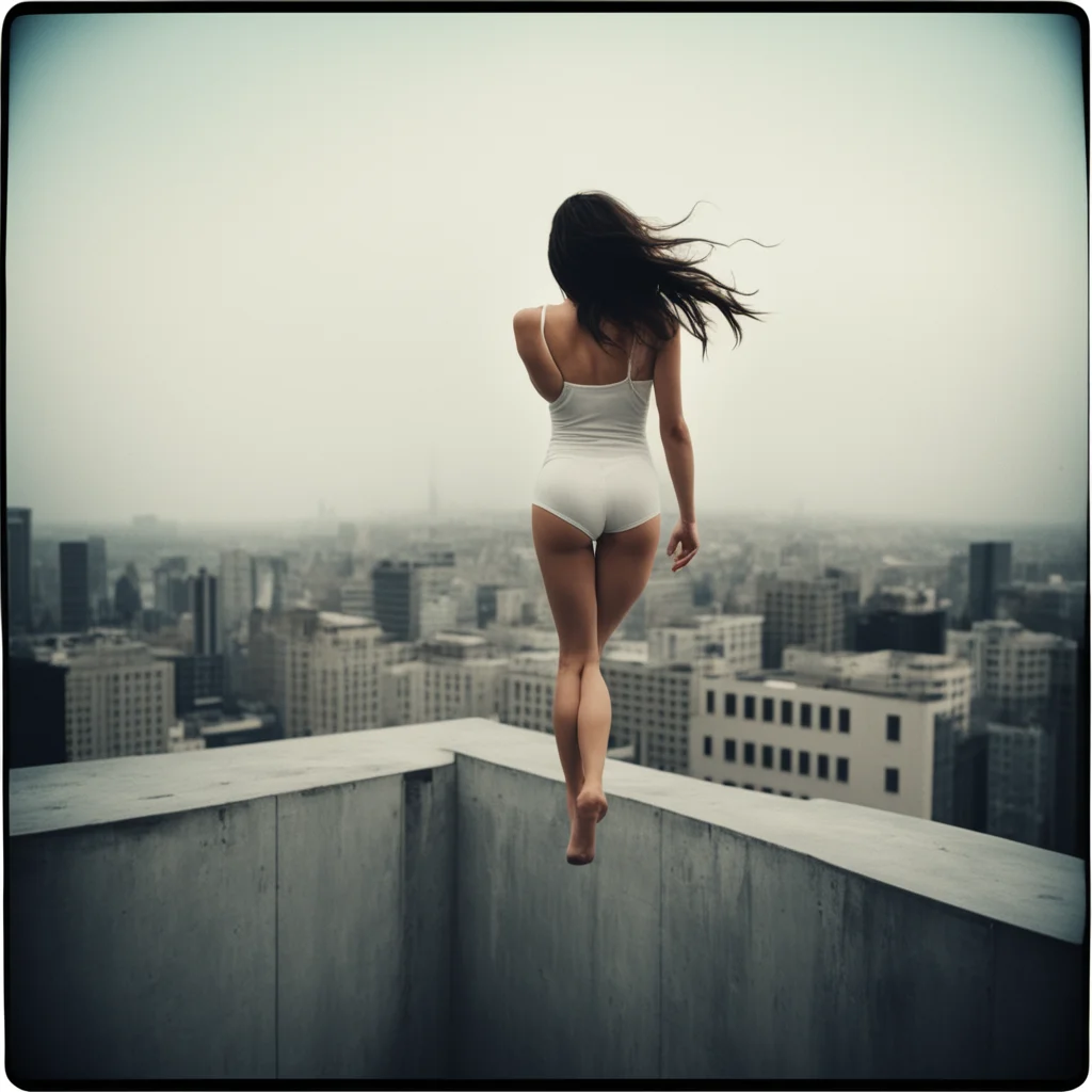 lonely woman in thin white singlet at the roof of a high building  seen from behind ready to jump  dead cat  polaroid style  film noir confident engaging wow artstation art 3