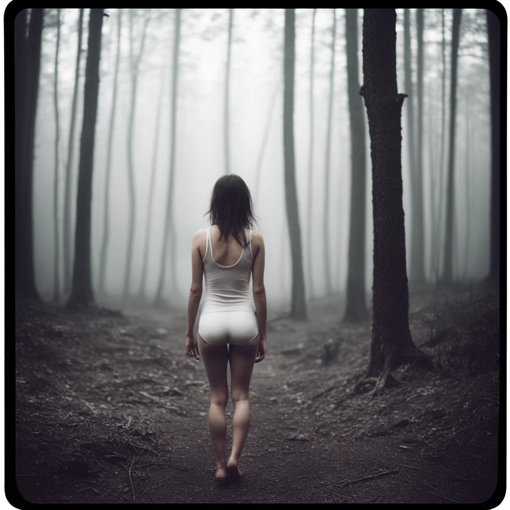 lonely woman in thin white singlet in a foggy suicide forest  seen from behind   dead cat  polaroid style  film noir confident engaging wow artstation art 3