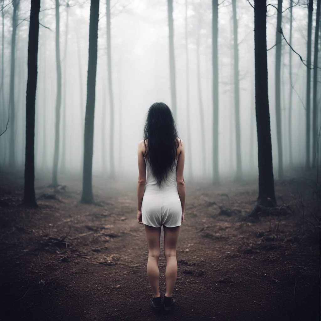 lonely woman in thin white singlet in a foggy suicide forest  seen from behind   dead cat  polaroid style  film noir good looking trending fantastic 1