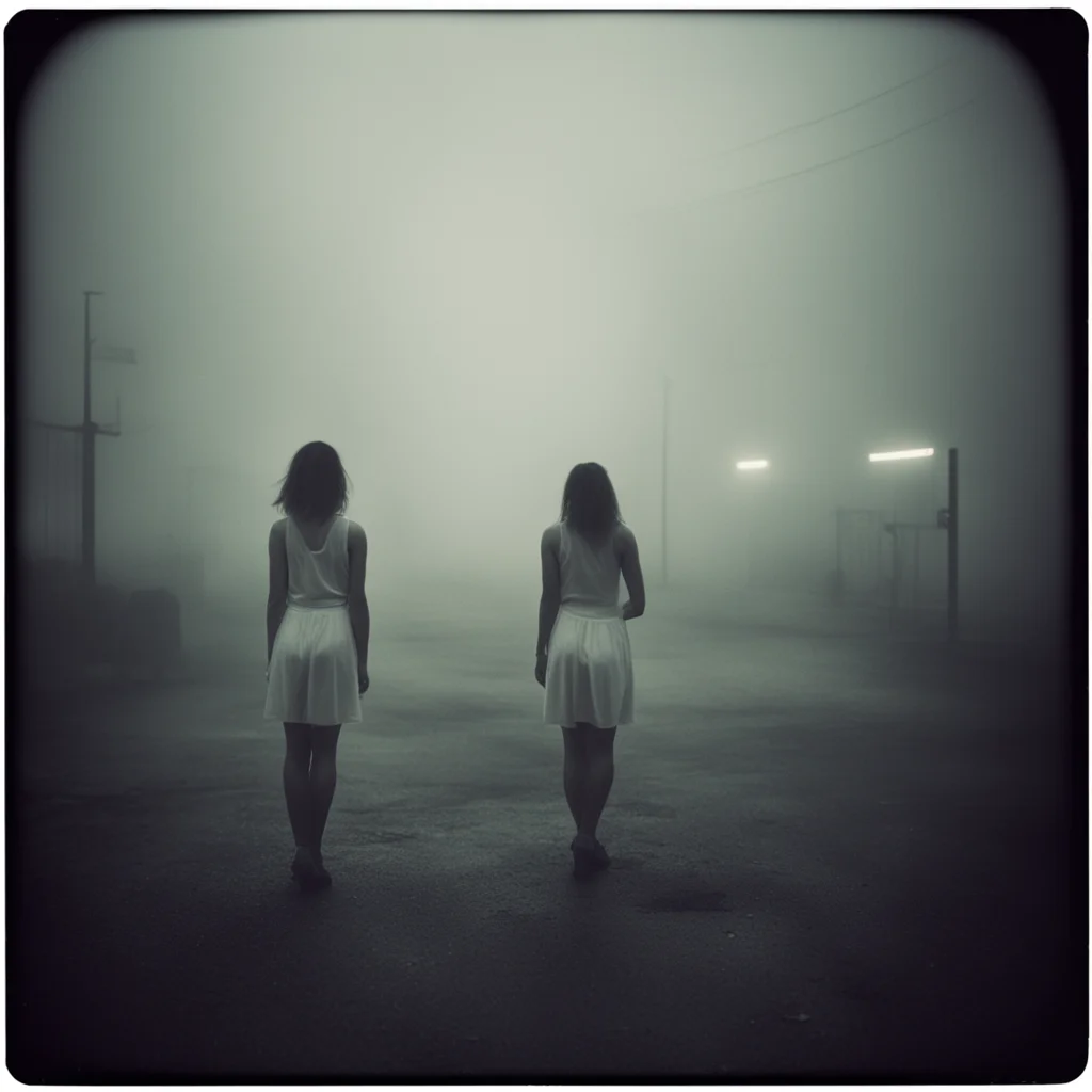 lonely women in thin white singlets at a foggy dark gaz station   scary ghosts  polaroid style  film noir
