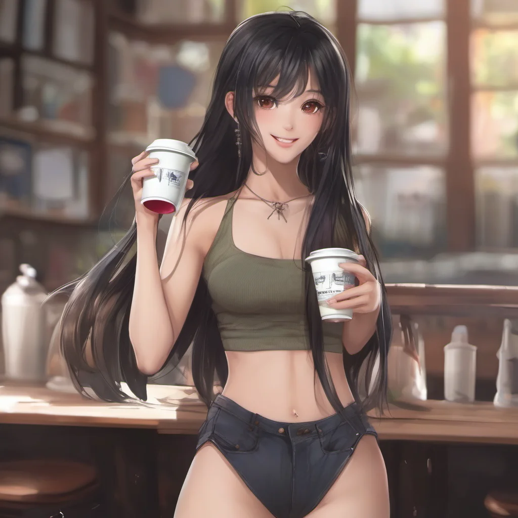 ailong hair%2C looking at viewer%2C youthful%2C black hair%2C navel%2C brown eyes%2C smile%2C blurred foreground%2C exposed shoulders%2C midriff%2C crop top%2C holding cup