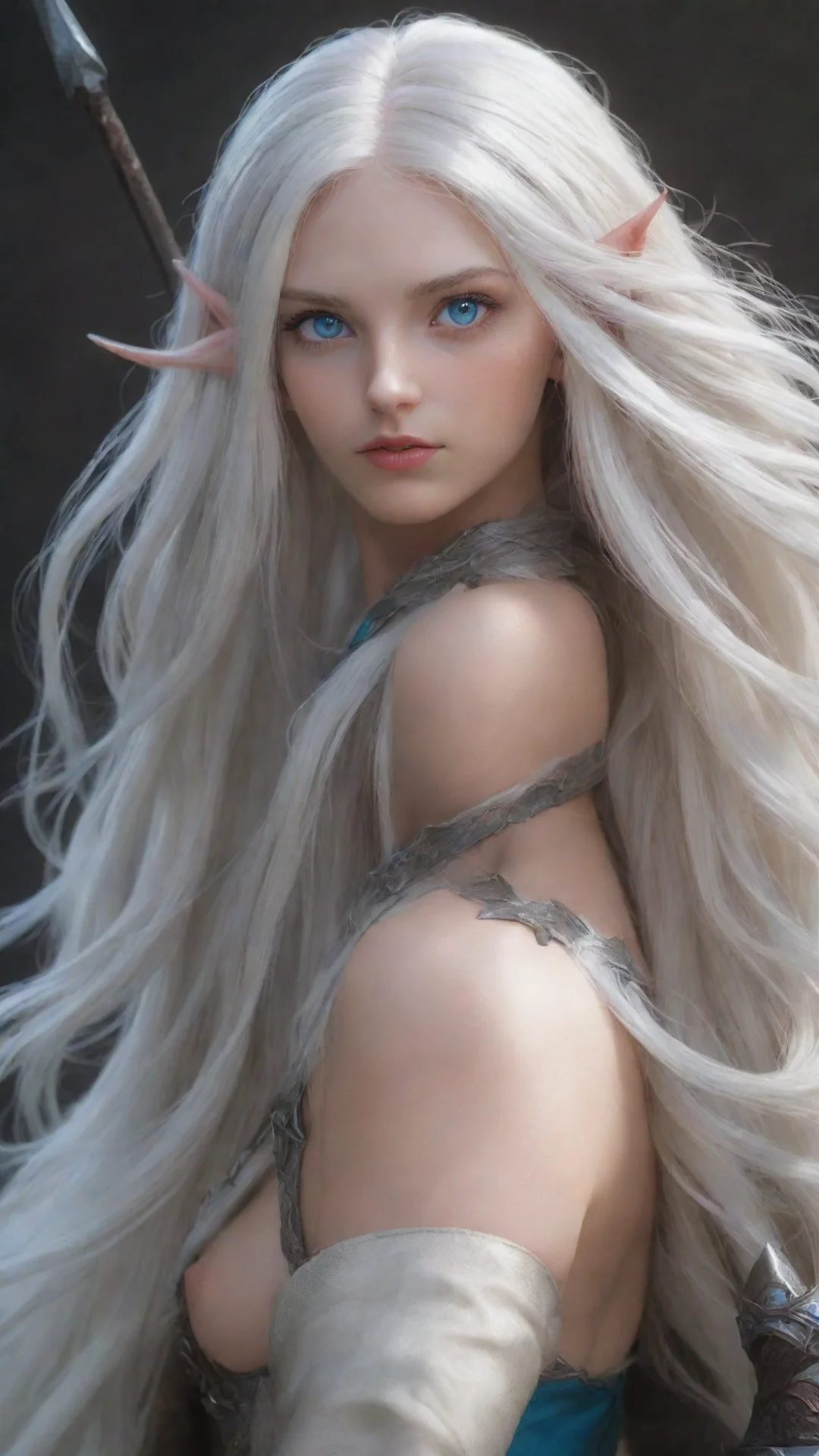 long white haired elf girl with blue eyes and a glaive tall