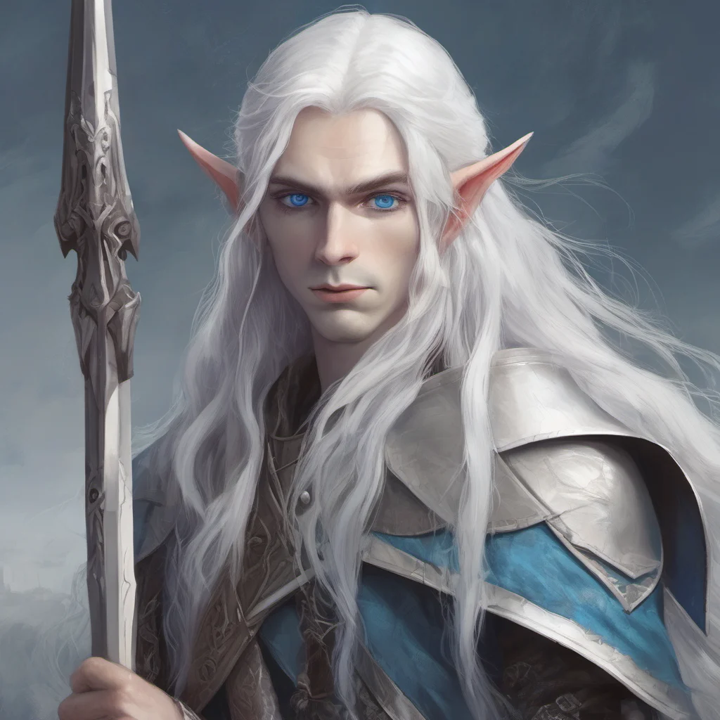 long white haired elf with blue eyes and a glaive good looking trending fantastic 1