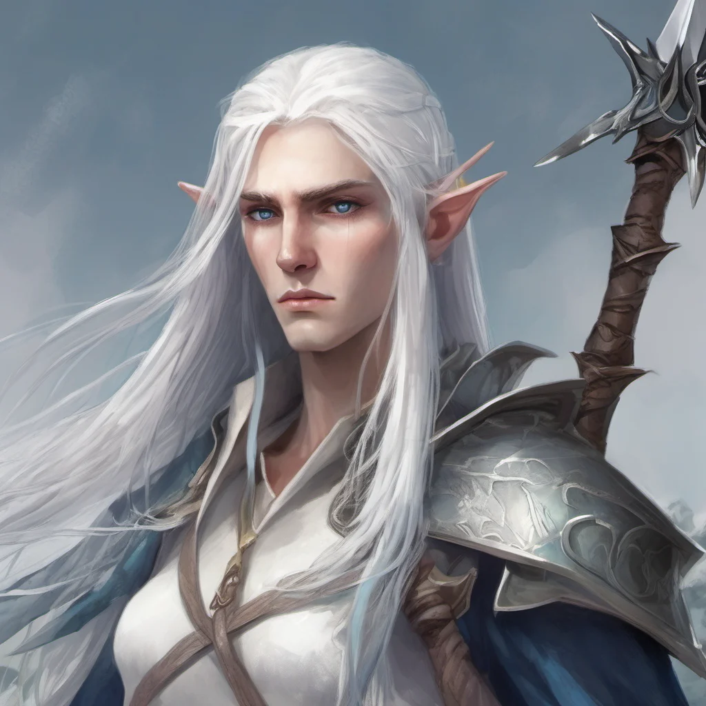 long white haired elf with blue eyes and a glaive