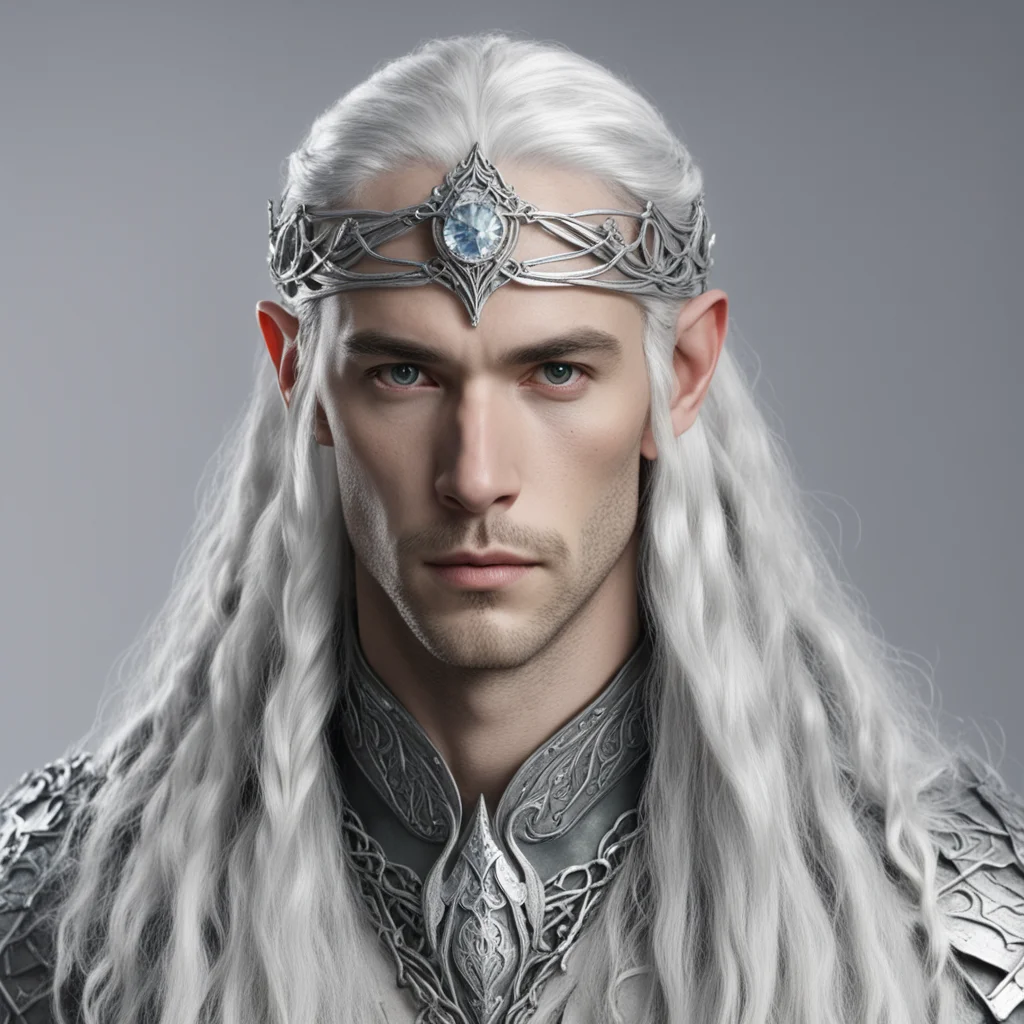 ailord celeborn with silver hair and braids wearing silver serpentine elvish circlet with large center diamond  good looking trending fantastic 1