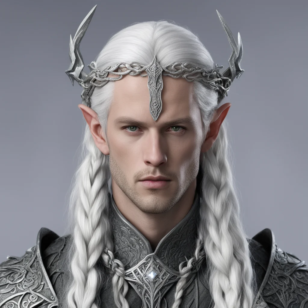 lord celeborn with silver hair and braids wearing silver serpentine elvish circlet with large center diamond 