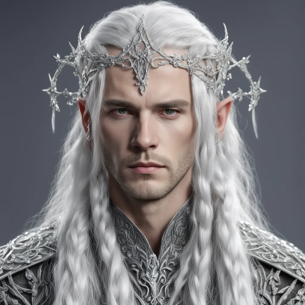 lord celeborn with silver hair and braids wearing silver vines encrusted with diamonds forming a silver elvish circlet with large center diamond  amazing awesome portrait 2