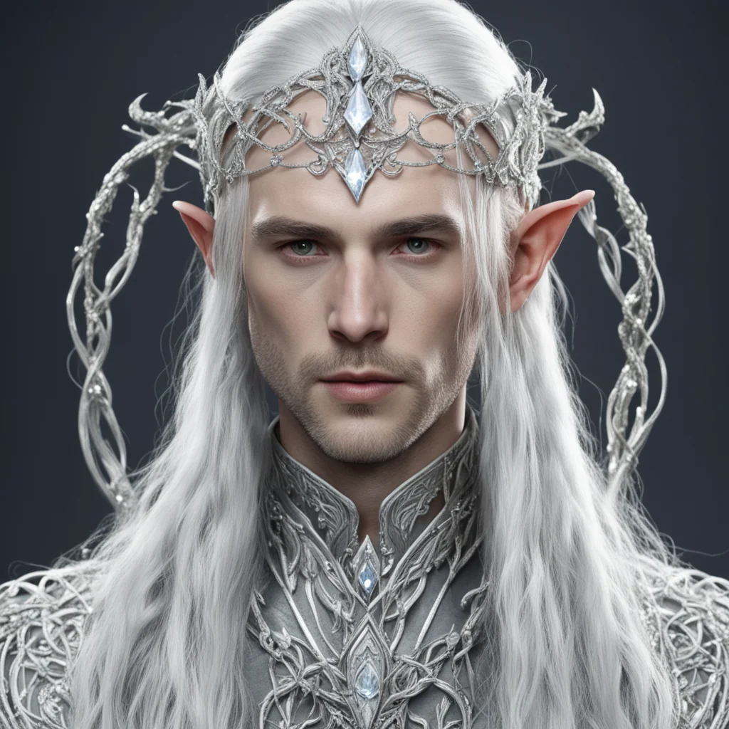 lord celeborn with silver hair and braids wearing silver vines encrusted with diamonds forming a silver elvish circlet with large center diamond  confident engaging wow artstation art 3