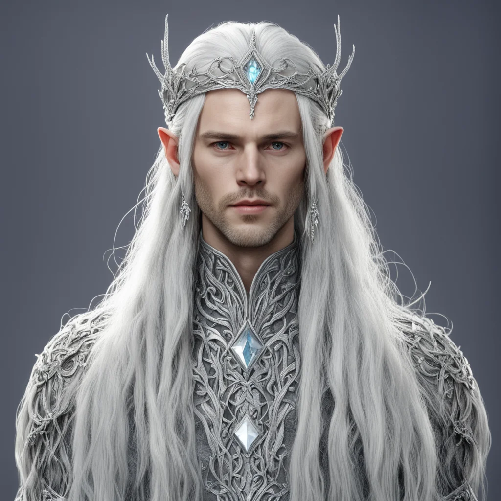 ailord celeborn with silver hair and braids wearing silver vines encrusted with diamonds forming a silver elvish circlet with large center diamond  good looking trending fantastic 1