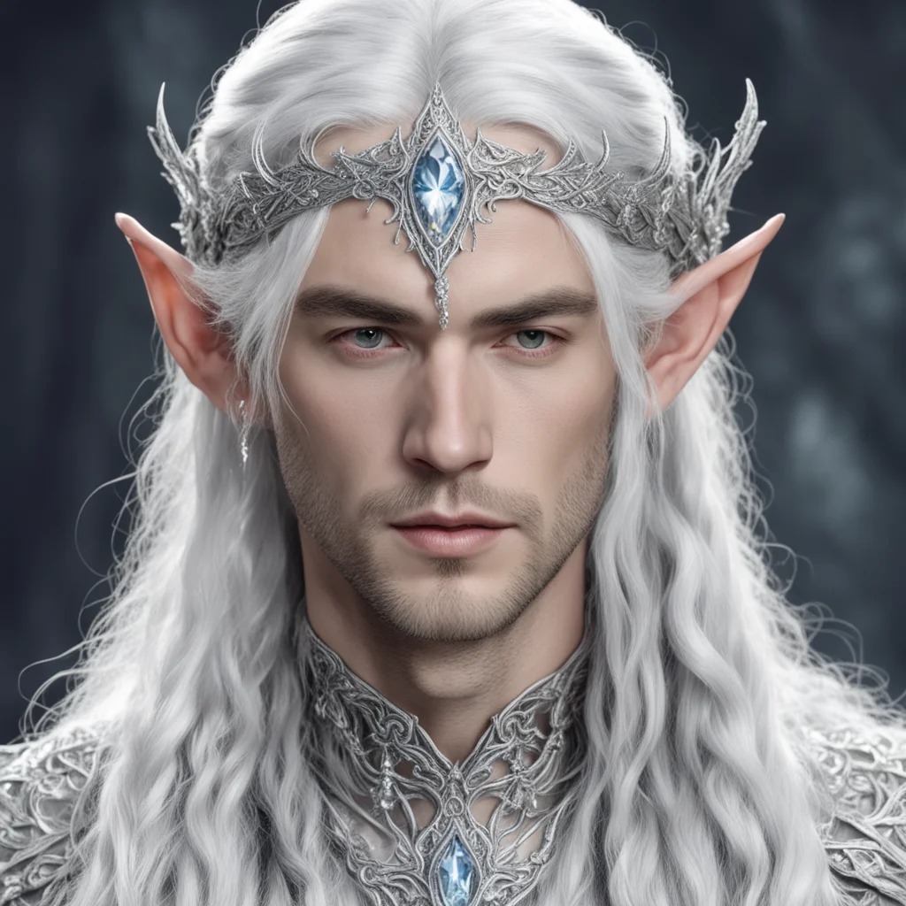 ailord celeborn with silver hair and braids wearing silver vines encrusted with diamonds forming a silver elvish circlet with large center diamond 