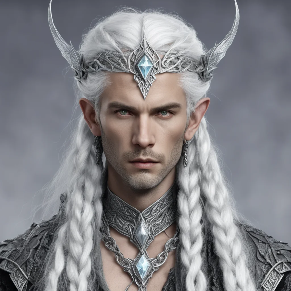 lord galathon with silver hair and braids wearing silver serpentine elvish circlet with large center diamond  good looking trending fantastic 1
