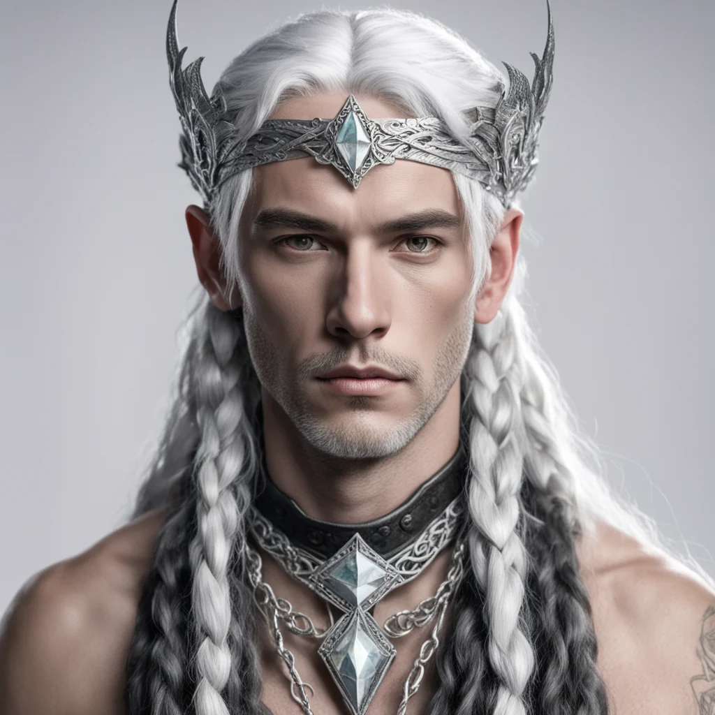 ailord galathon with silver hair and braids wearing silver serpentine elvish circlet with large center diamond 