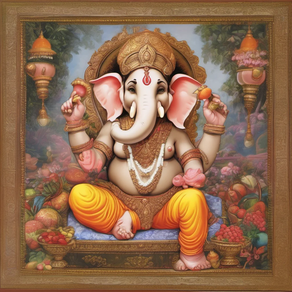 ailord ganesha in his heavenly abode with his mouse vehicle%2C being worshipped by humans with sweets and fruits amazing awesome portrait 2