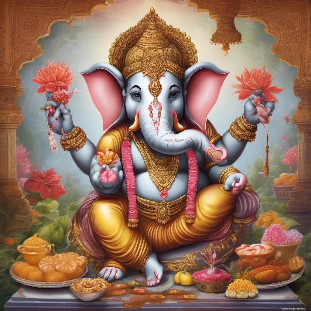 ailord ganesha in his heavenly abode with his mouse vehicle%2C being worshipped by humans with sweets and fruits confident engaging wow artstation art 3