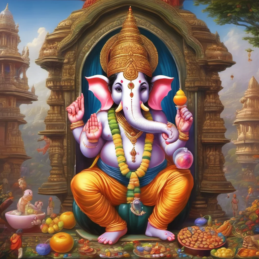 ailord ganesha in his heavenly abode with his mouse vehicle%2C being worshipped by humans with sweets and fruits good looking trending fantastic 1
