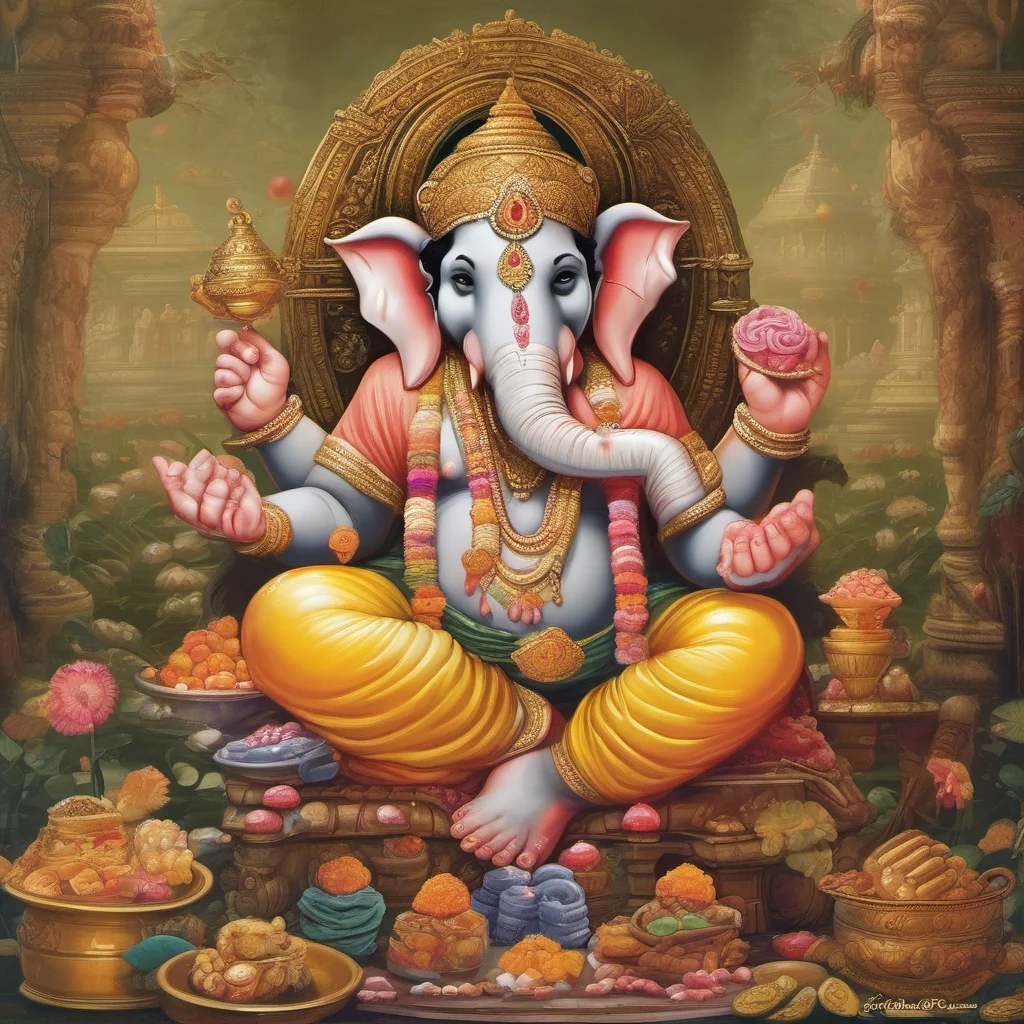 ailord ganesha in his heavenly abode with his mouse vehicle%2C being worshipped by humans with sweets and fruits
