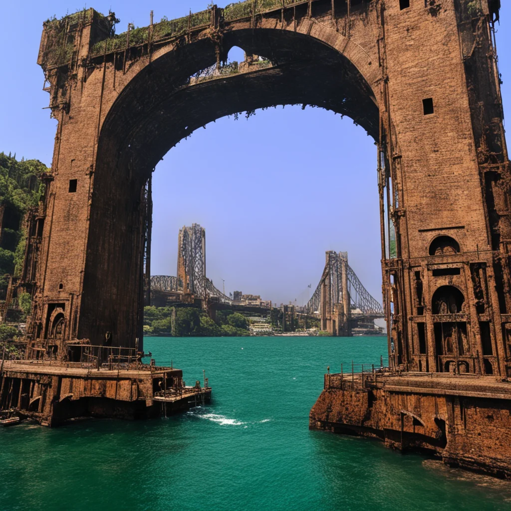 lovecraftian portal underneath a rusted sydney harbour bridge