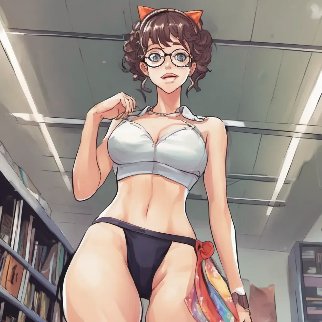 low angle view of an adorable nerdy anime woman proudly showing off her thong
