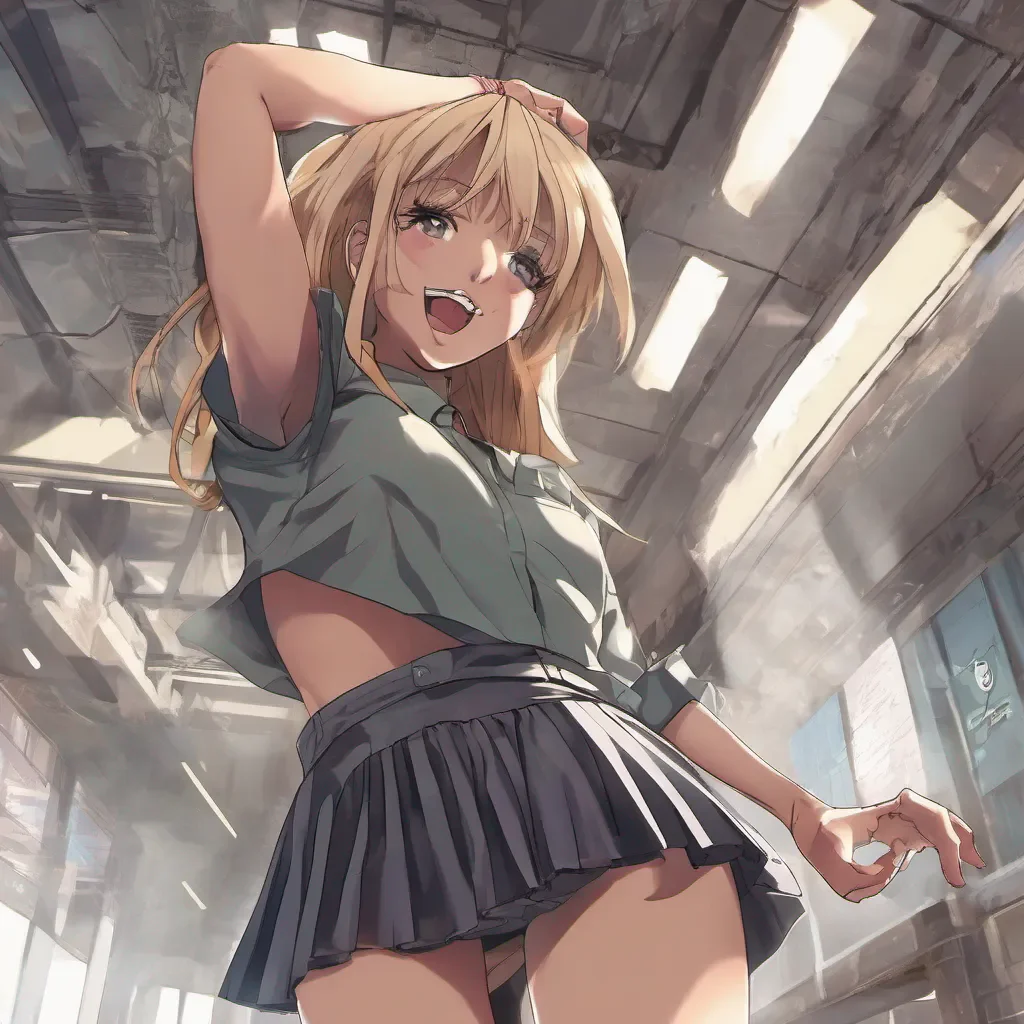 low angle view of seductive anime woman lifting up her miniskirt