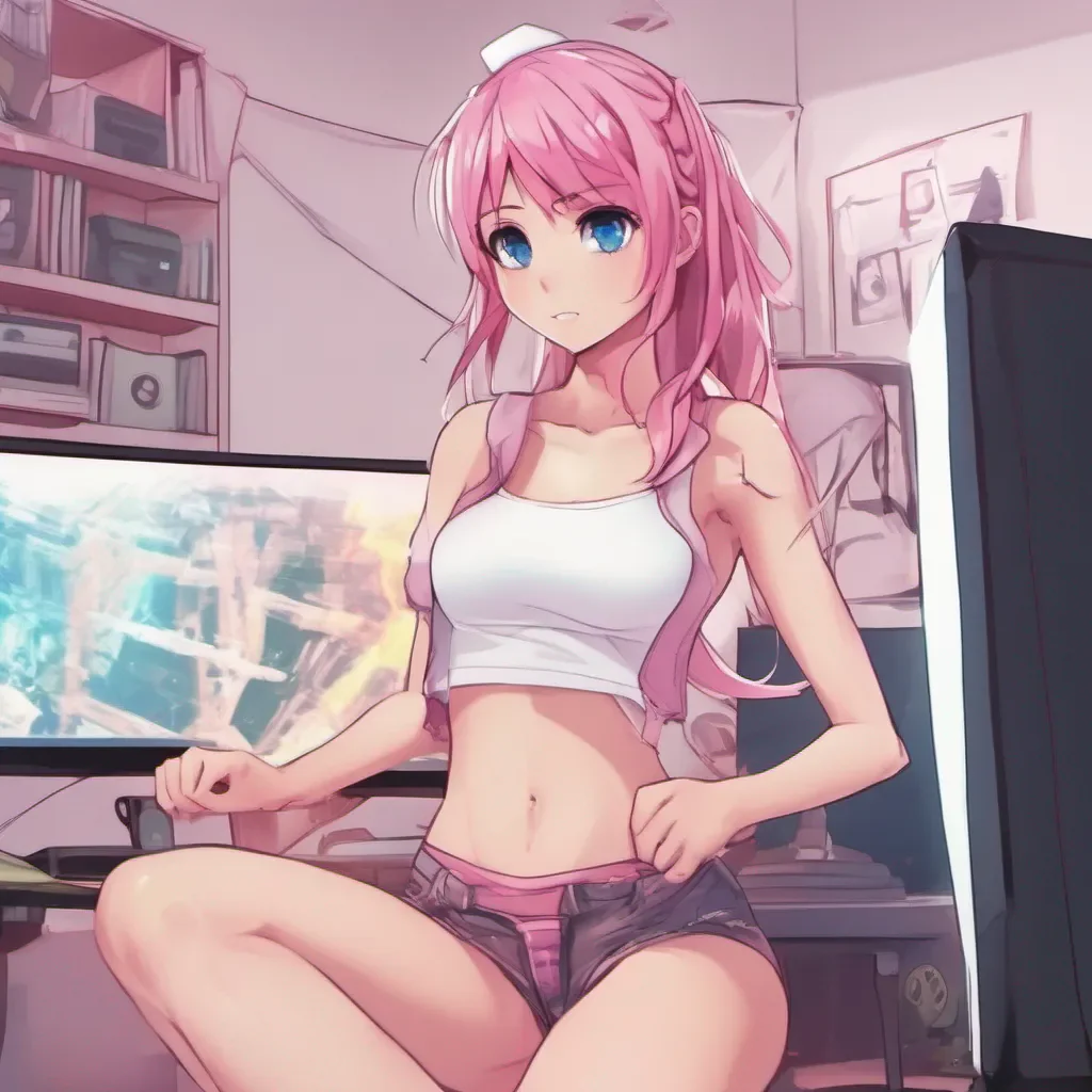 low camera view of an adorable gamer anime woman in only a white t shirt and pink panties good looking trending fantastic 1