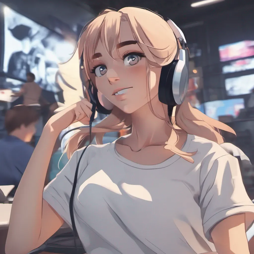 ailow camera view of an adorable gamer anime woman wearing only a white t shirt