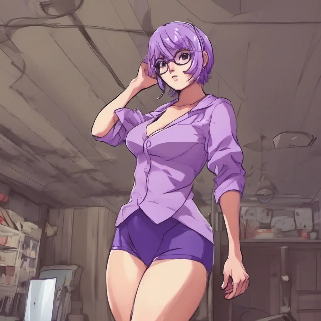 low camera view of an adorable nerdy anime woman in purple underwear confident engaging wow artstation art 3