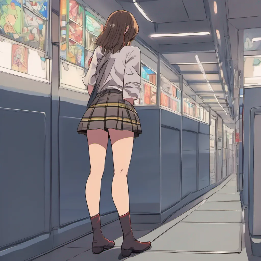 ailow rear view of an adorable nerdy anime woman in an extremely short miniskirt