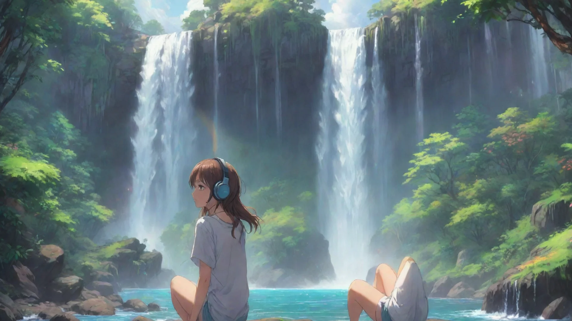 ailowfi relaxing calming chill girl with headphones on colorful chilling relaxing with lush wonderful environment waterfalls rainbows hd anime wide