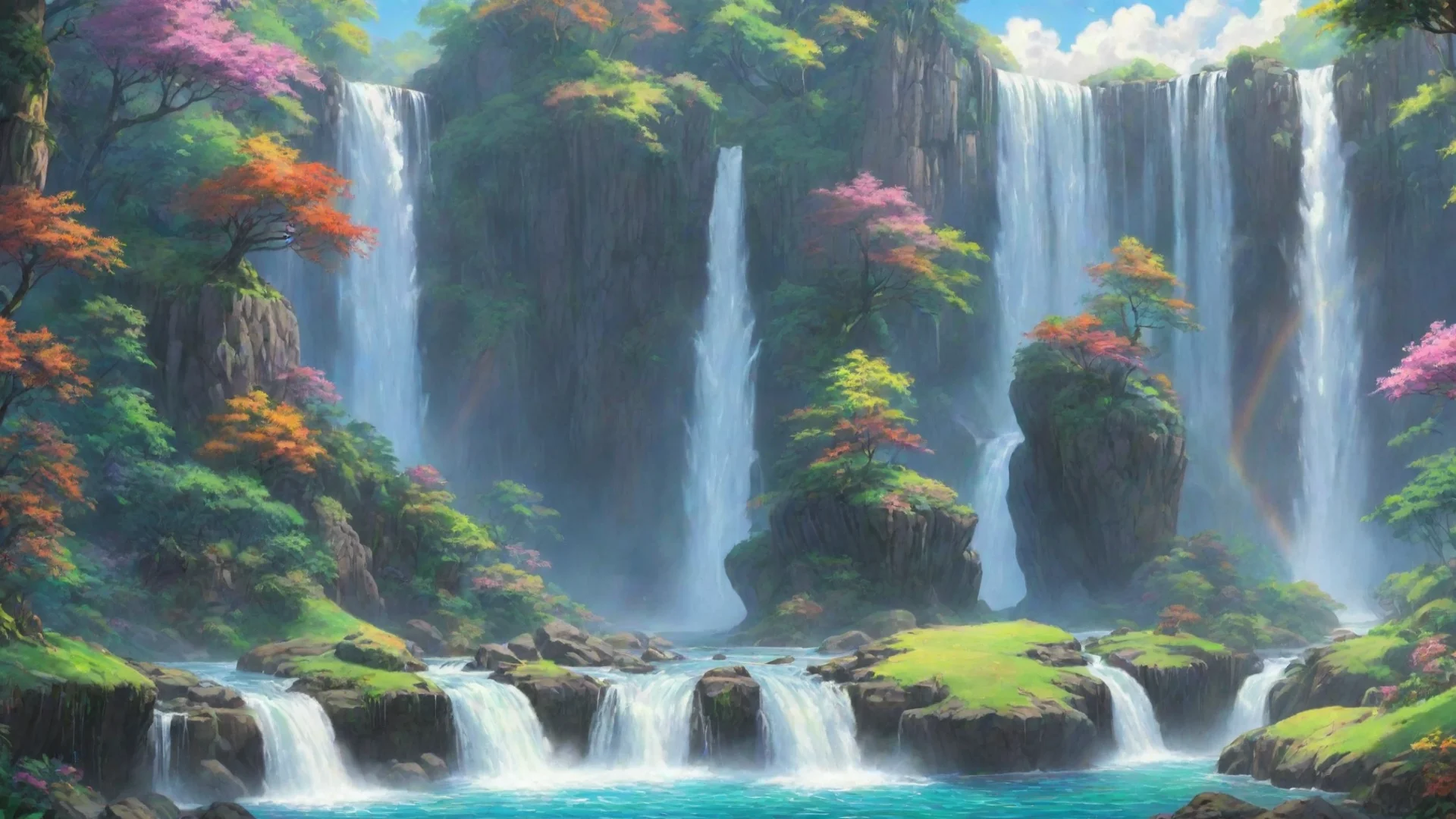 lowfi relaxing calming on colorful chilling relaxing with lush wonderful environment waterfalls rainbows hd ghibli fantasy fantastic wide
